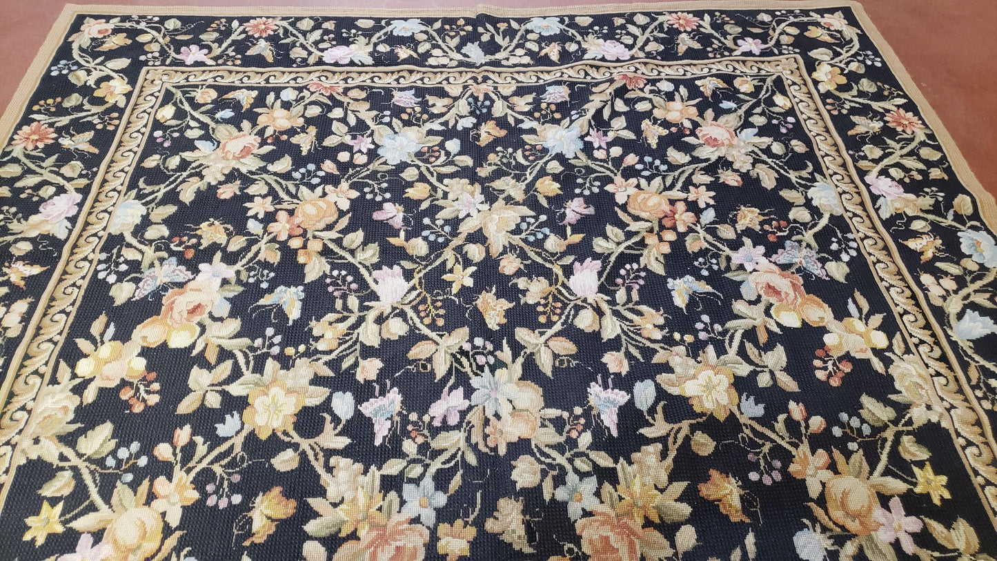 6x9 Vintage Needlepoint Rug Petitepoint Carpet Butterflies Floral Design Dark Brown & Tan 6 x 9 Handmade Flatweave Area Rug