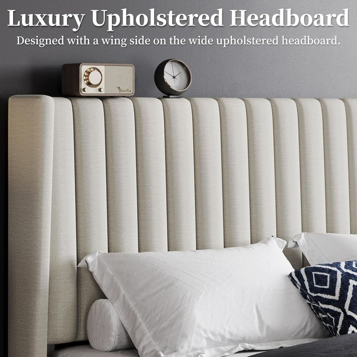 Queen Upholstered Platform Bed With Beige Headboard