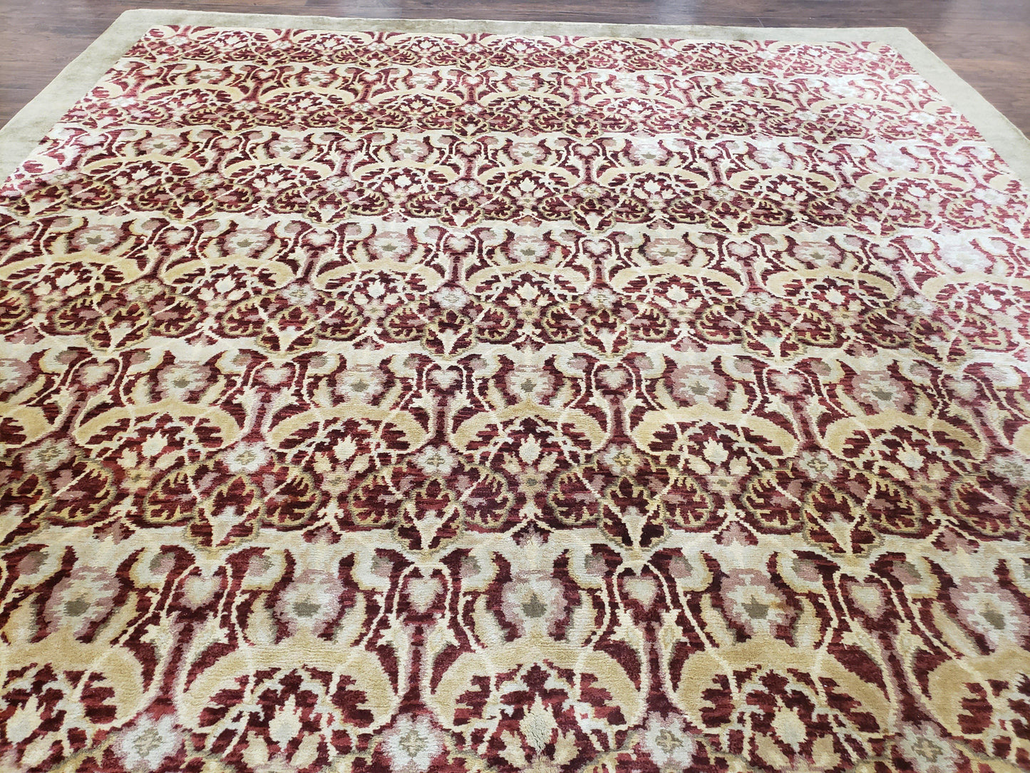 Contemporary Indian Nepalese Room Sized Rug 9 x 11.6, Wool Hand-Knotted Dark Red & Beige Soft Carpet, 9 x 12 Masterloom Living Room Rug