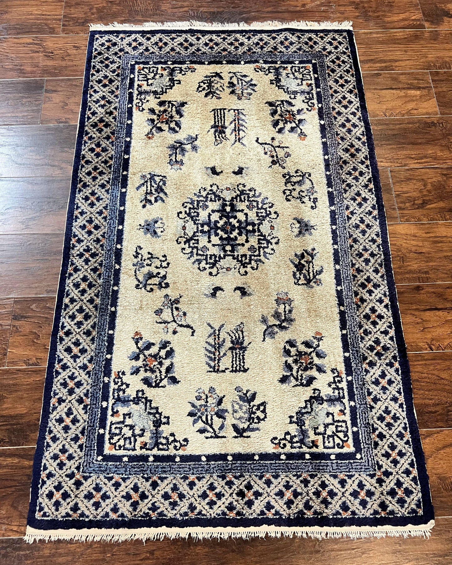 Silk Chinese Rug 3x5, Vintage Handmade Peking Carpet, Asian Oriental Art Deco Rug