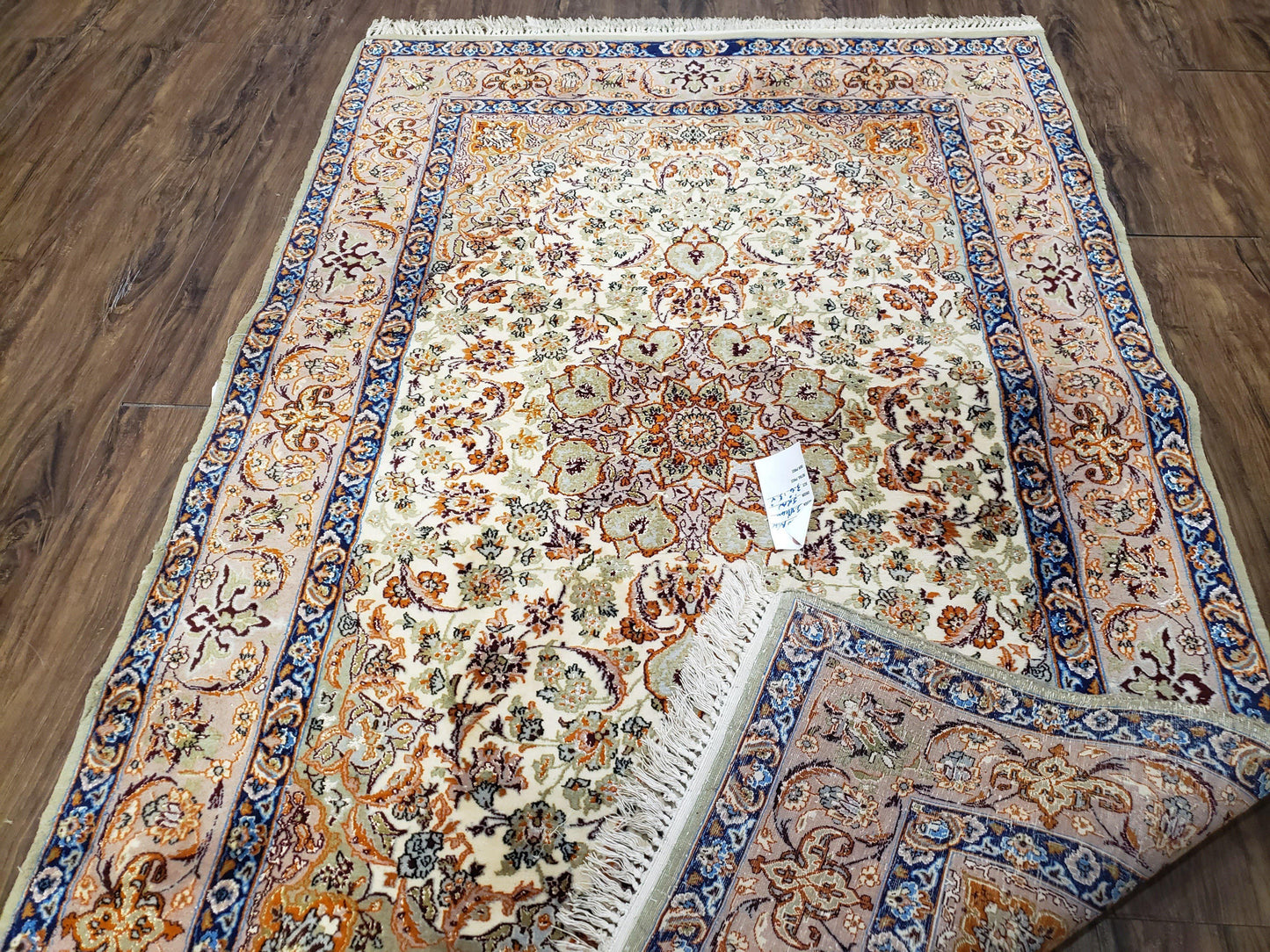 Vintage Persian Isfahan Lachak Toranj Rug, Highly Detailed, Kork Wool on Silk Foundation, Beige and Dark Blue, Hand-Knotted, 3'6" x 5' 4"