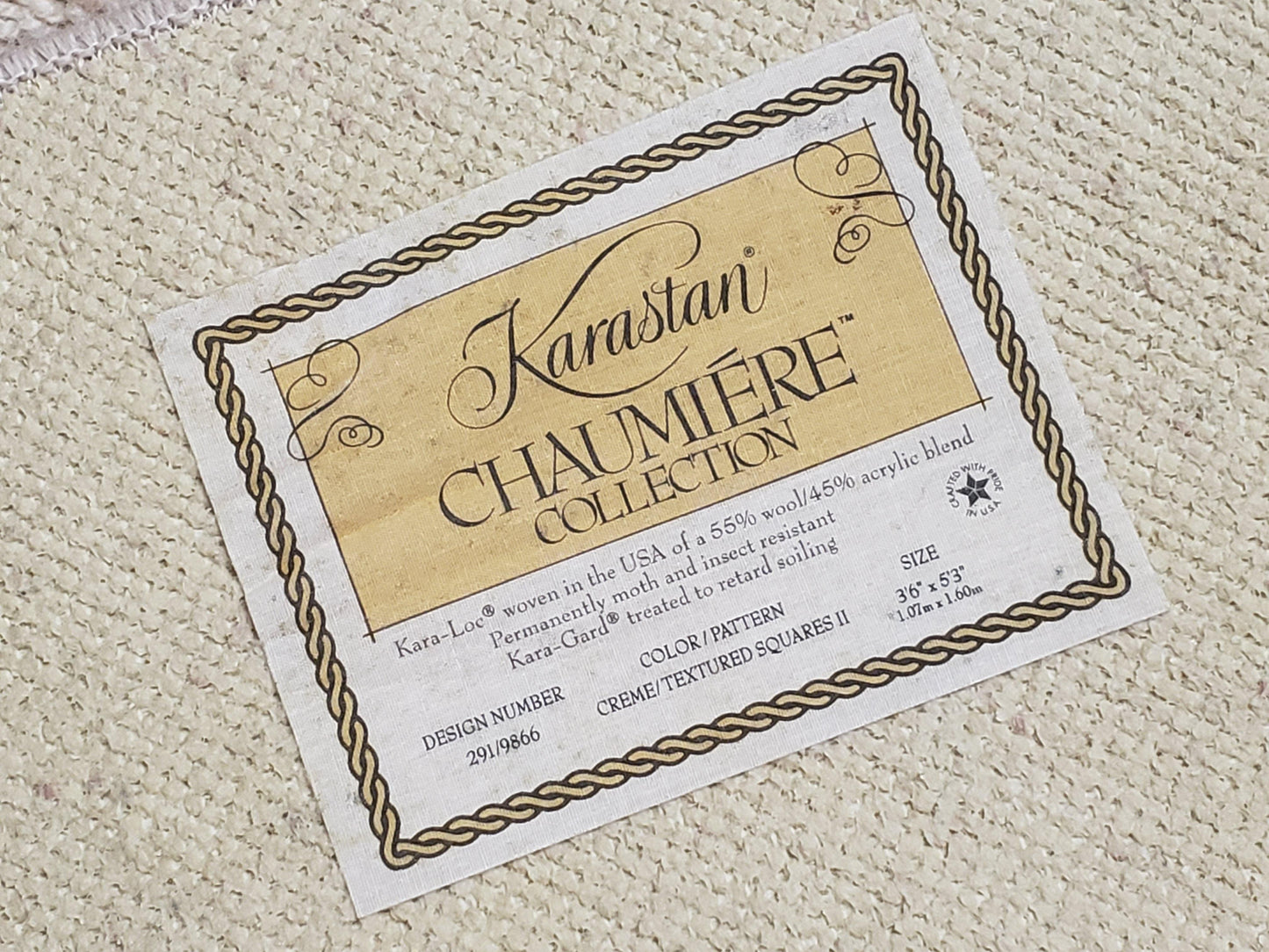 3x5 Karastan Rug Chaumiere Collection, Kara-Loc, Design #291/9866, Creme Color, Textured Squares II Patern, 3'6" x 5' 3" Carpet