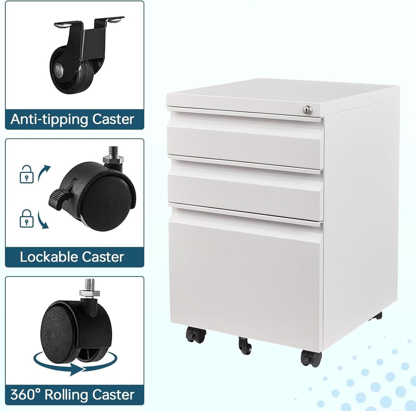 White 3 Drawer Filing Cabinet On Wheels With Lock For Home Office