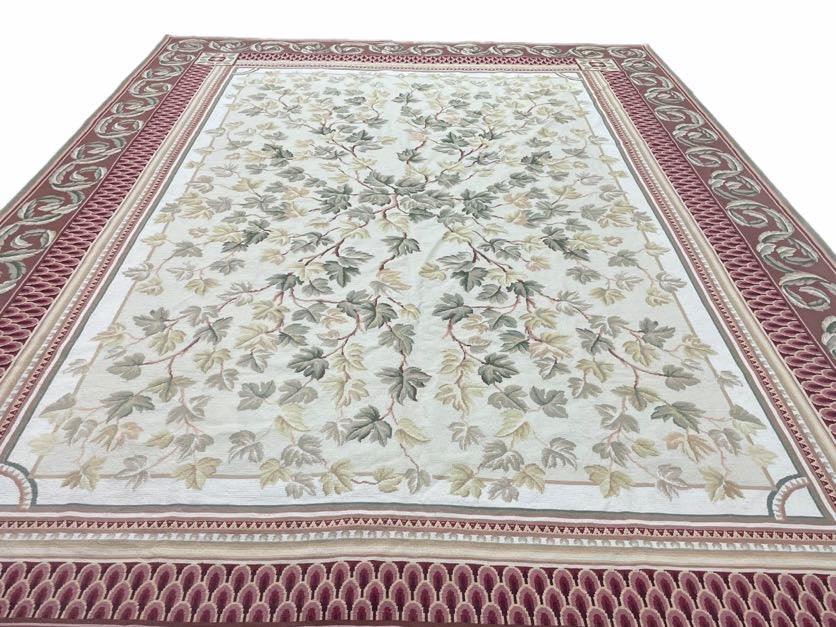 Traditional Aubusson Needlepoint Rug 9 x 12, Flowers, Flatweave Carpet, Hand-Knotted, Brand New, Cream Color, Green, Maroon Red, Wool