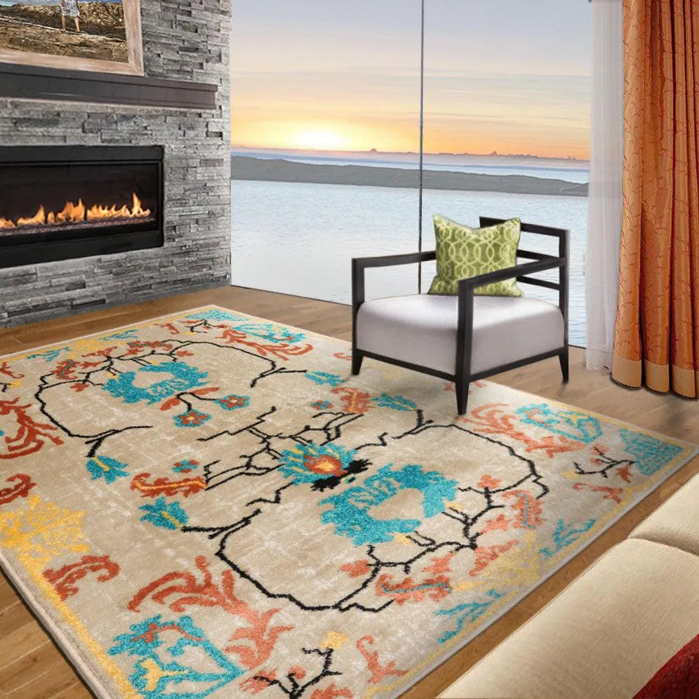 Multi Size Beige, Aqua Machine-Made Polypropylene Cavalier Design Traditional Persian Oriental Area Rug