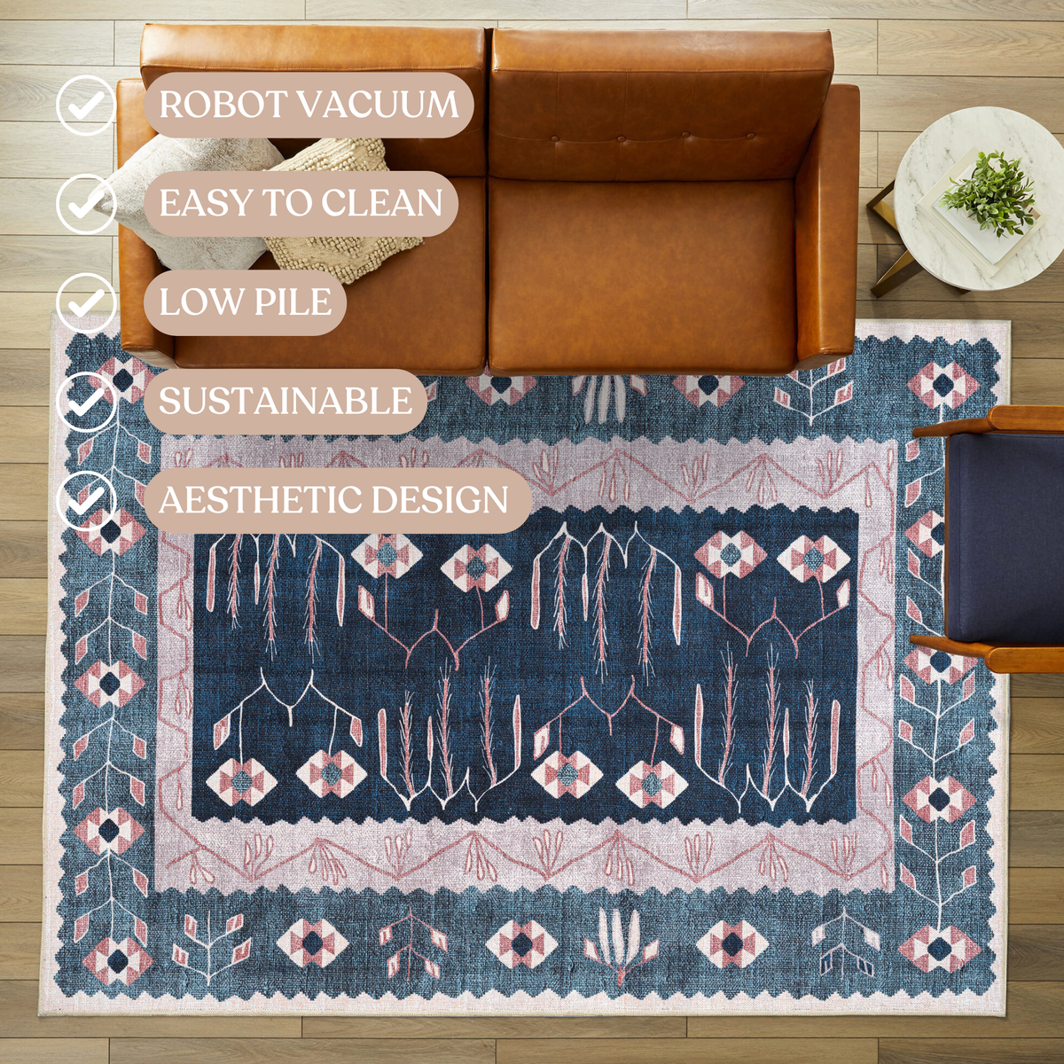 Marceline Navy Blue Floral Turkish Kilim Rug