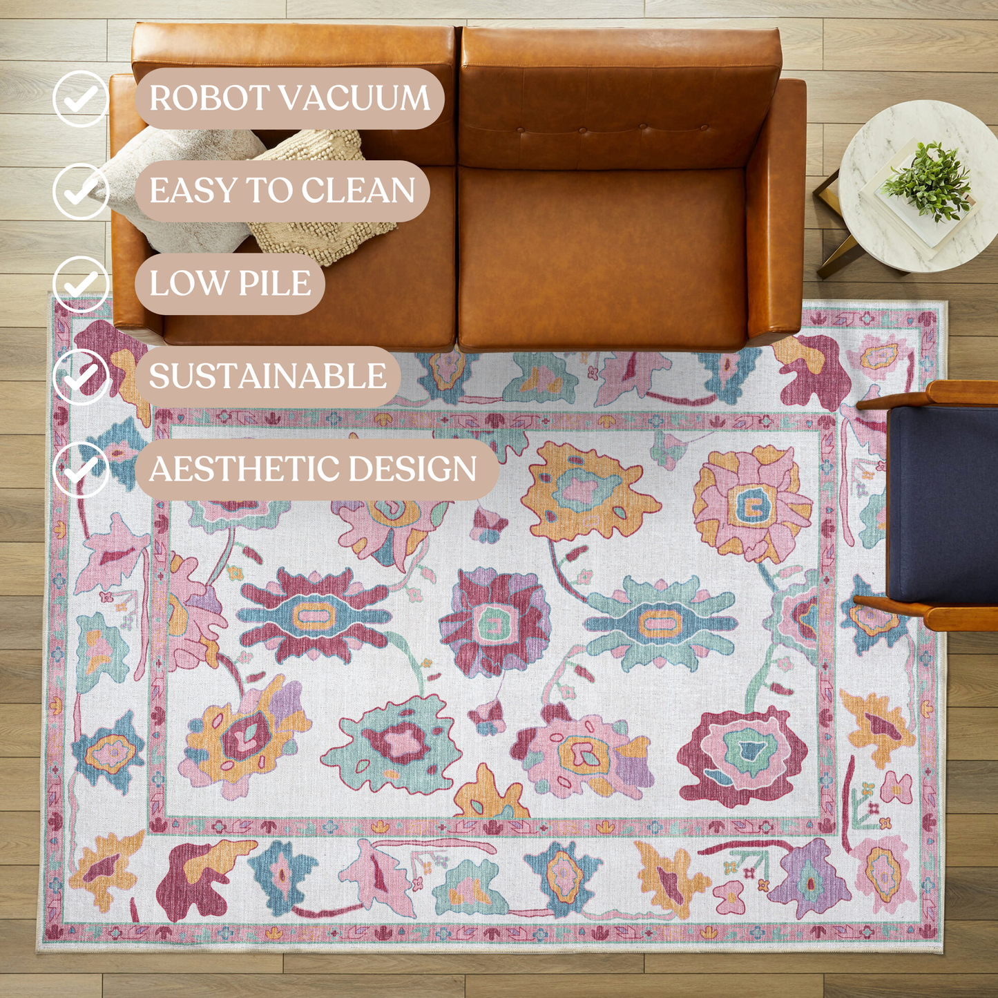 Florine Pastel Pink Orange Floral Oushak Rug