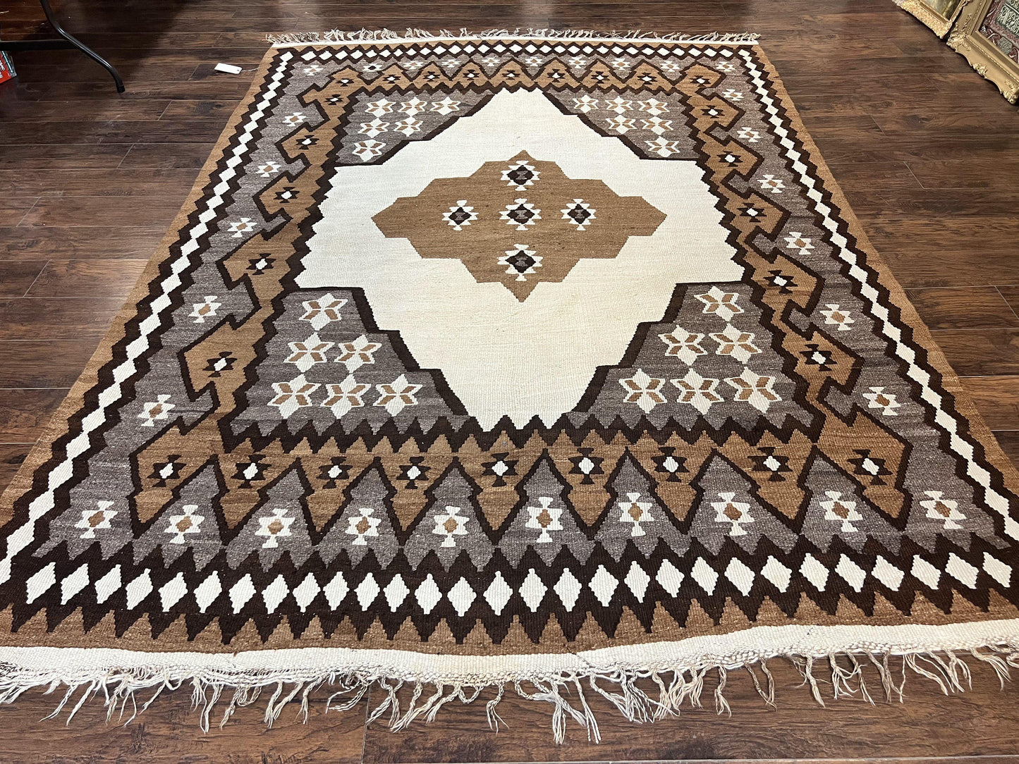 Antique Persian Fars Kilim Rug 8x11, Wool, Boho Tribal Persian Shiraz Flatweave Carpet, Semi Open Field, Geometric, Handmade, Vintage Semi Antique