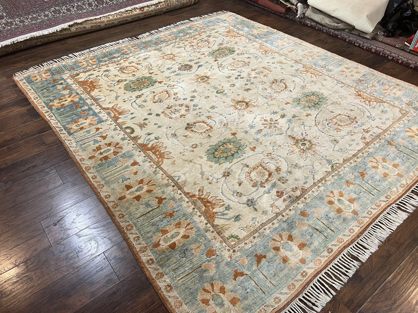 Turkish Oushak Rug 9x10, Farmhouse Rug, Beige & Light Blue