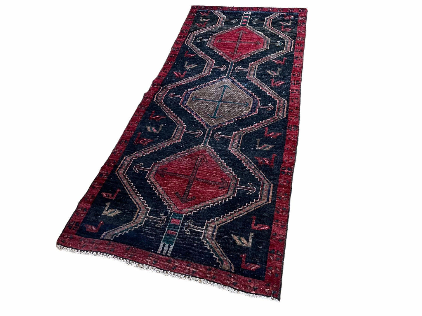 3 X 7 Handmade Wool Tribal Runner Rug Geometric Red Blue Boho Organic Dyes