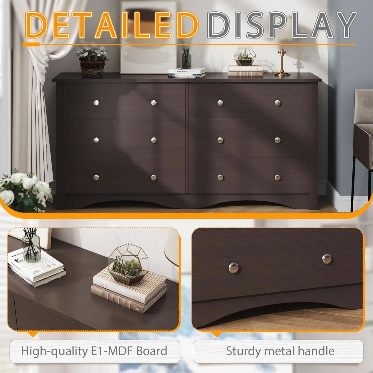 6 Drawer Dresser And TV Stand For 65 Inch TV Brown