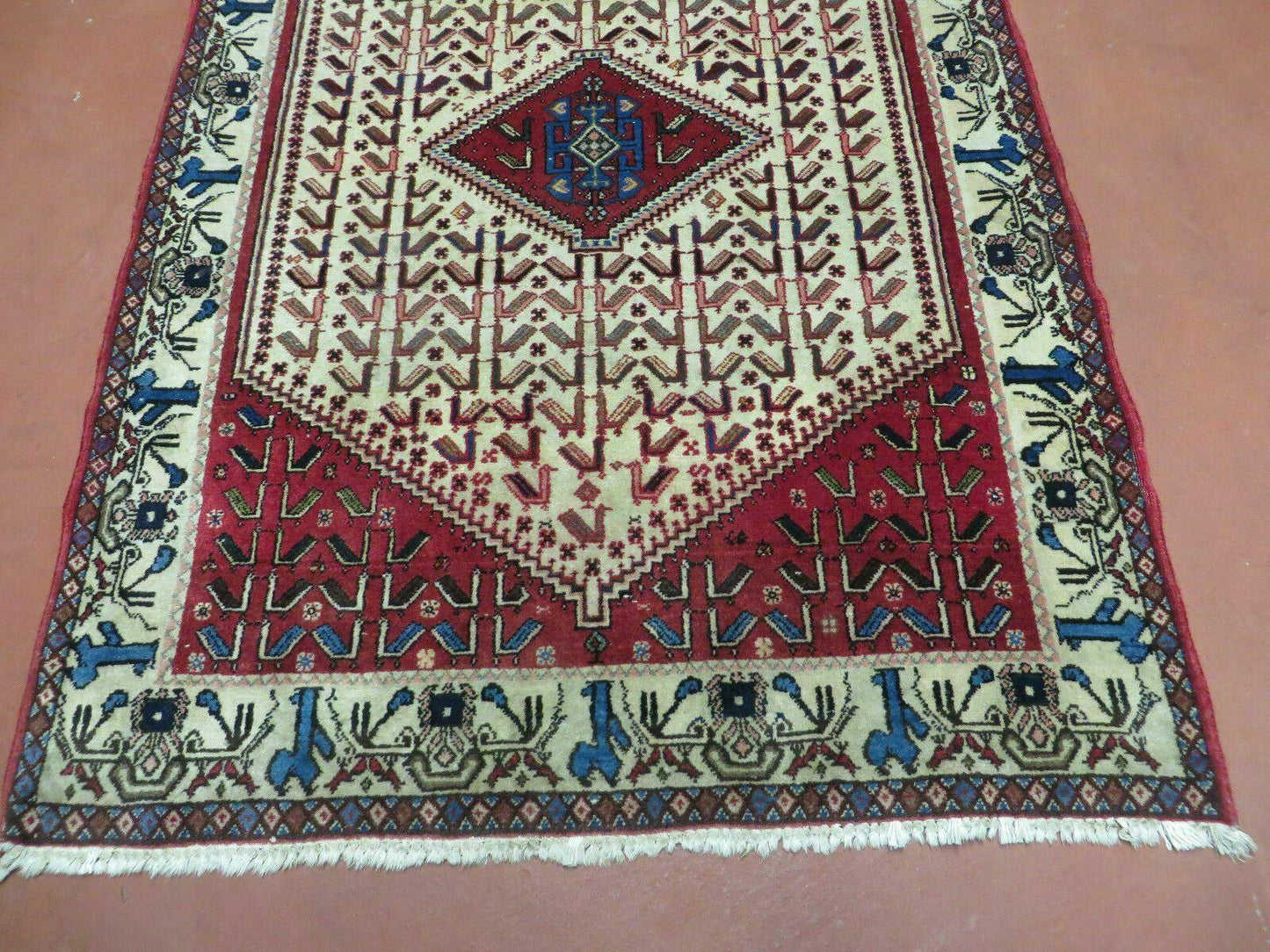 3' X 5' Vintage Handmade India Geometric Oriental Wool Rug Nice Birds Ivory Red