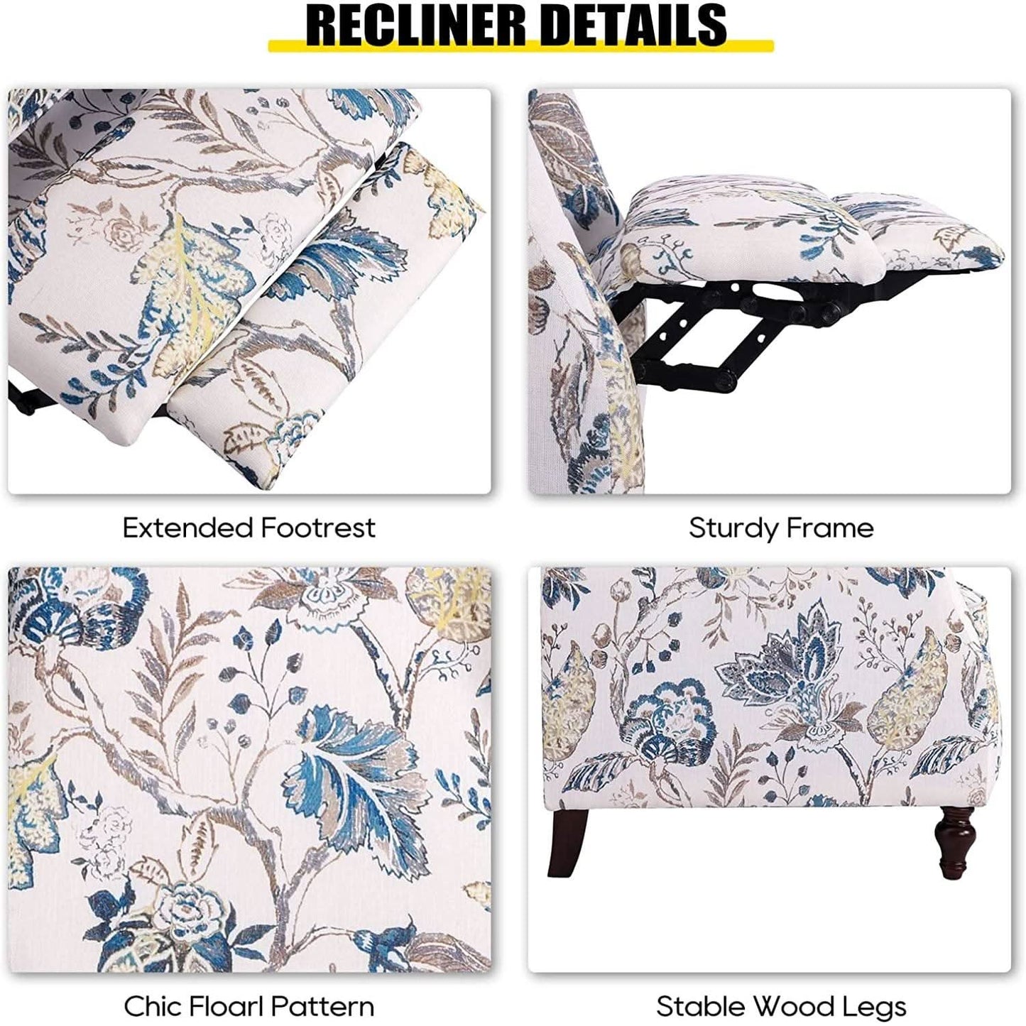 Upholstered Wingback Recliner Chair Blue Floral Elegant