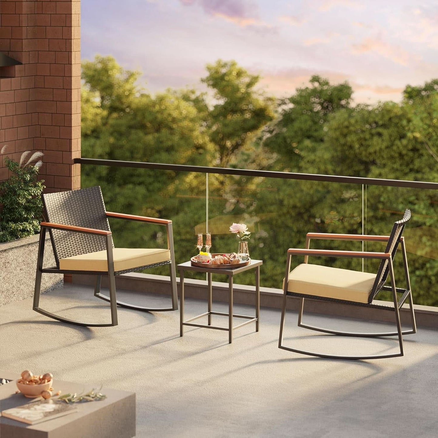 3 Piece Rocking Patio Bistro Set With Anti Scald Armrests Glass Table Cushions Outdoor Wicker Furniture