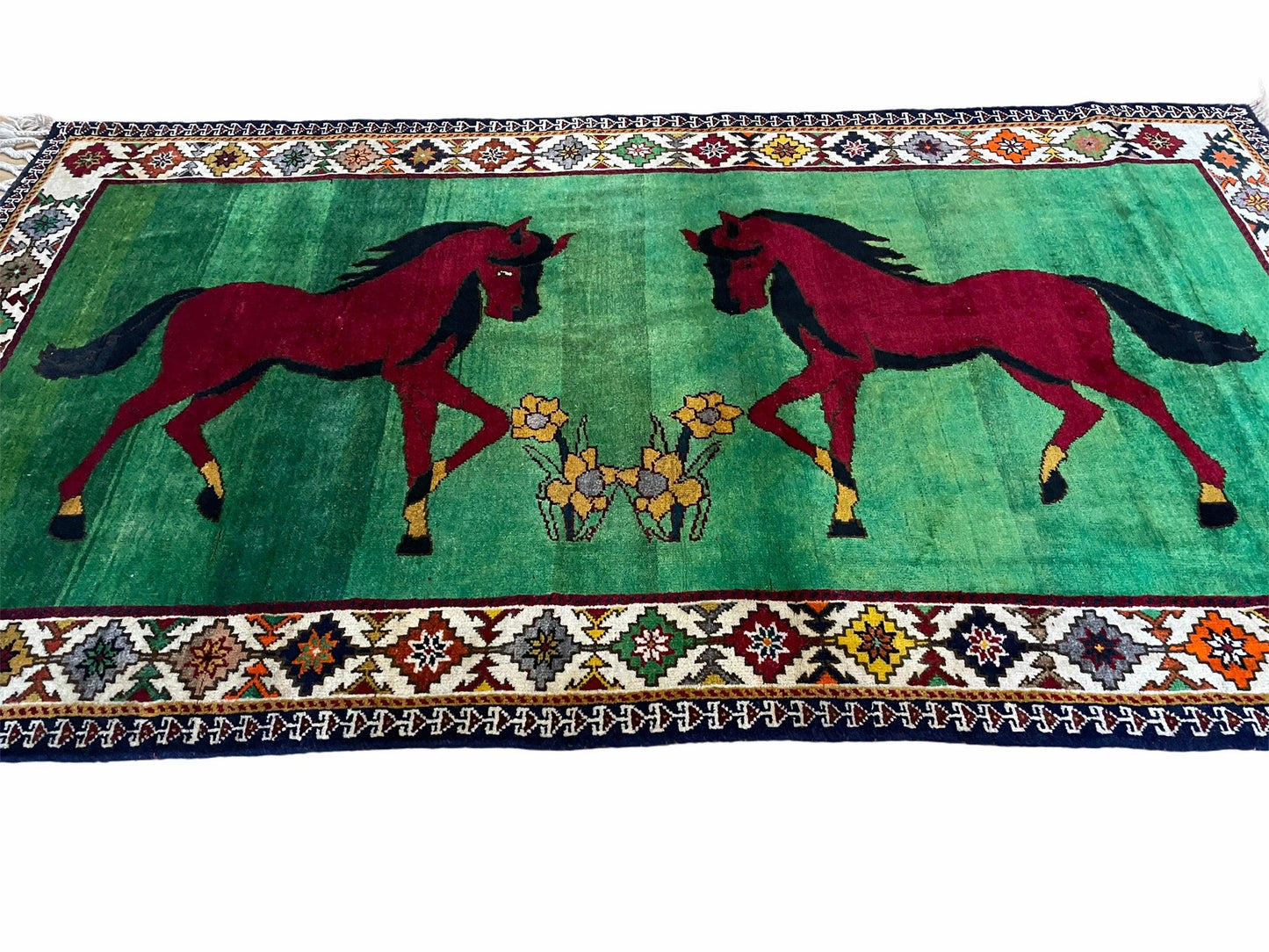 4 X 7 Handmade Rug Zagros Quality Wool Pictorial Horses Green Butterfly Colorful