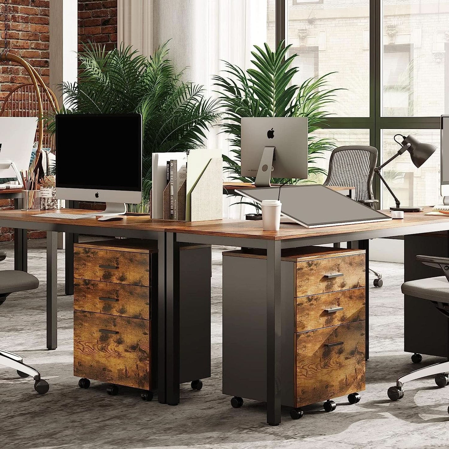 Rustic Brown Rolling File Cabinet With 3 Drawers For Office