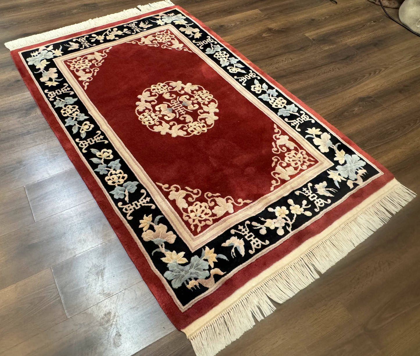 Dark Red Chinese Wool Rug 4x6, Chinese 90 Line Rug, Carving Rug, Handmade, Pair B