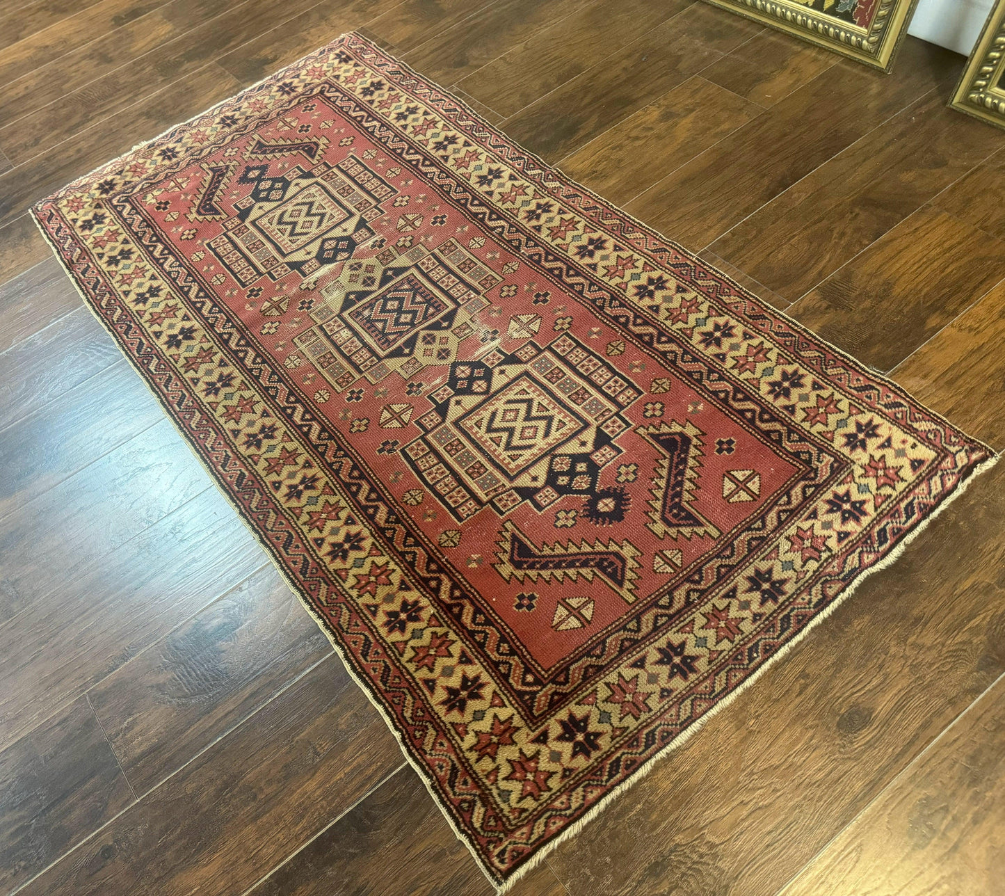 Antique Turkish Sparta Rug 3x6, Geometric Caucasian Kazak Pattern, Handmade