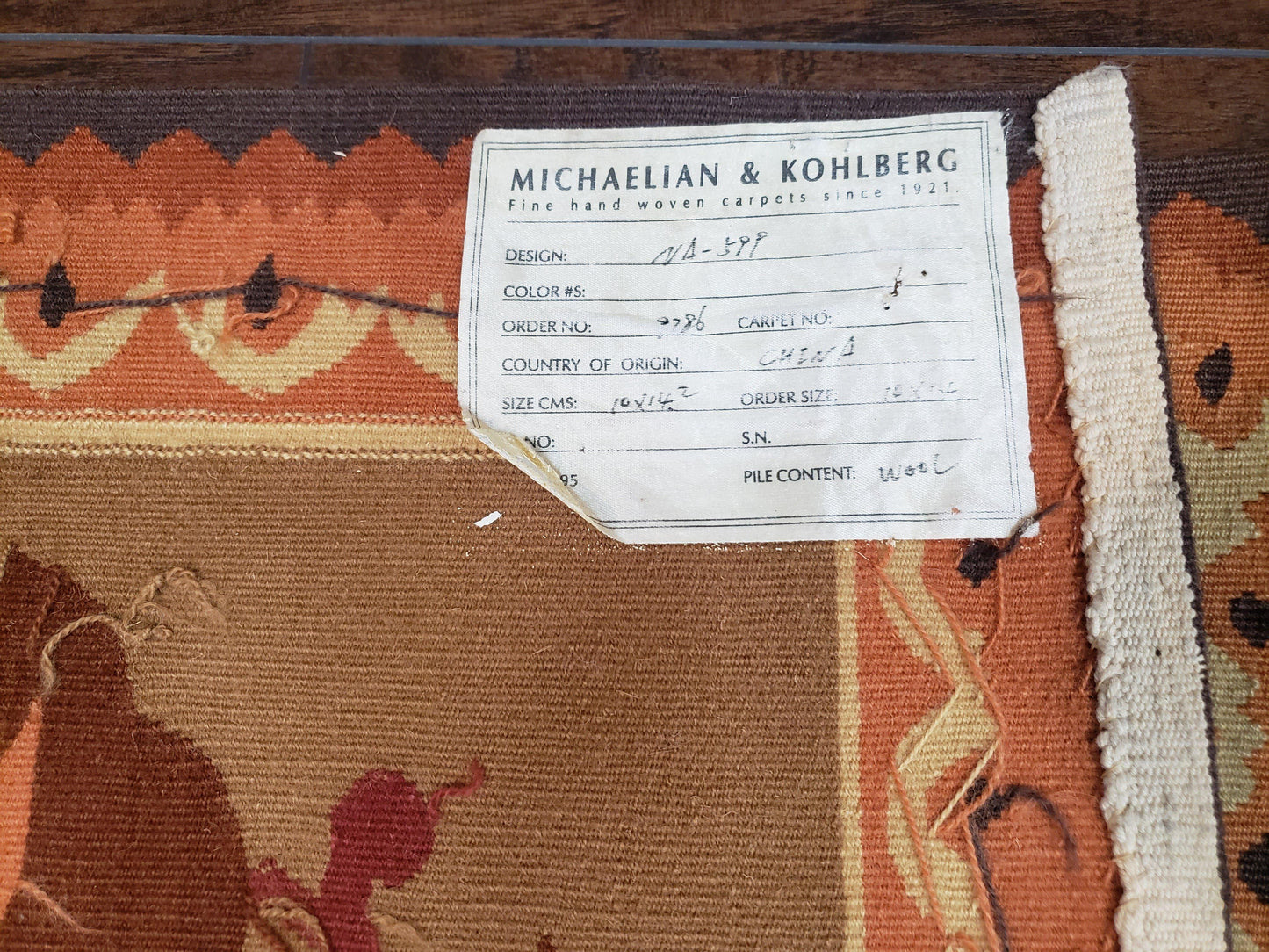 Vintage Chinese Aubusson Savonnerie Flat Pile Rug 9.9 x 14.5 Wool Handwoven Red & Khaki Large Flowers Rug 9x14 - 10x15 Michaelian Kolhberg