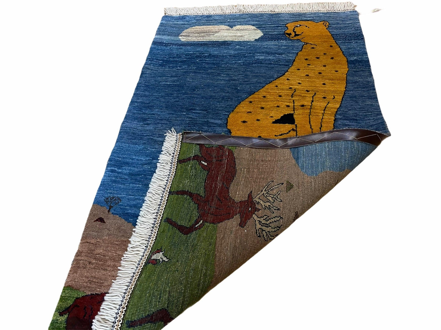 3 x 5 Handmade New Vintage Wool Blue Rug Leopard Lion Jaguar Deer Organic Dyes