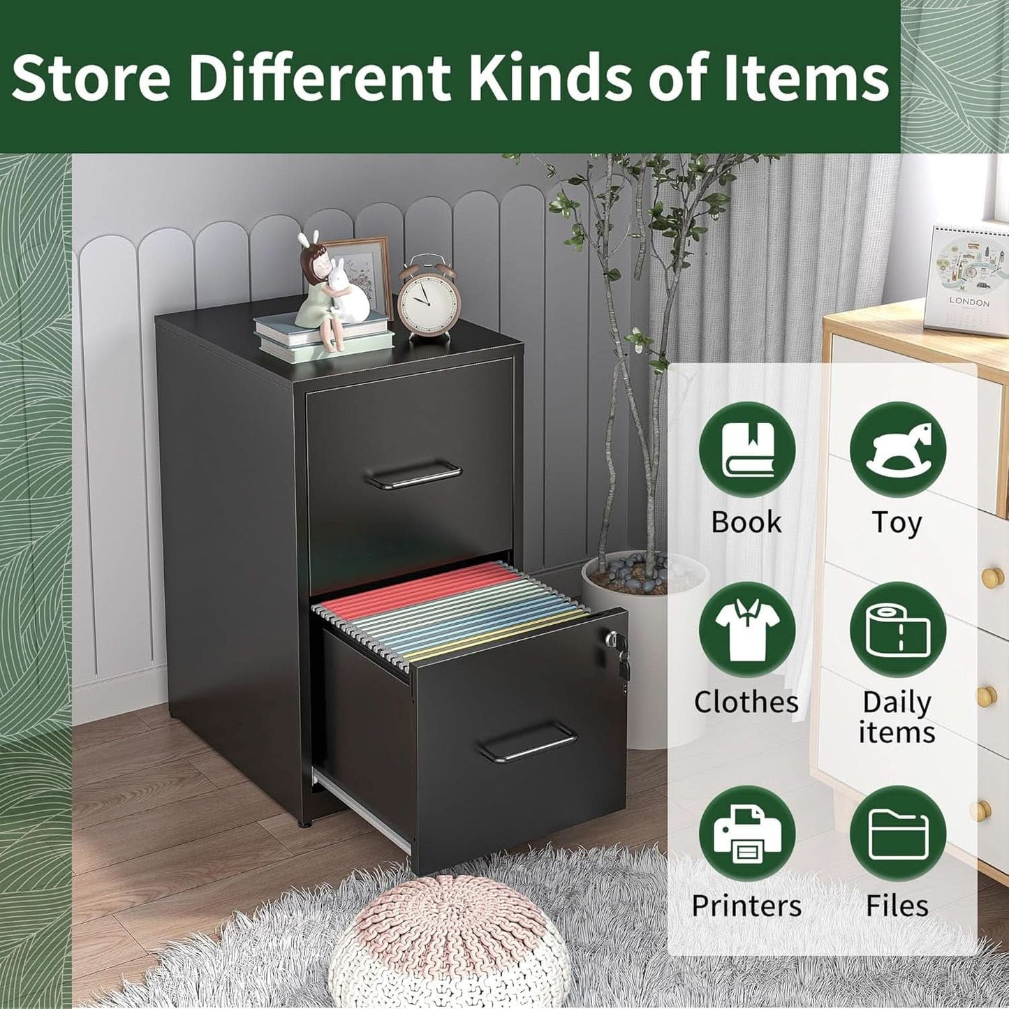 Two Drawer Locking Steel File Cabinet for Home Office Vertical Letter Size Black