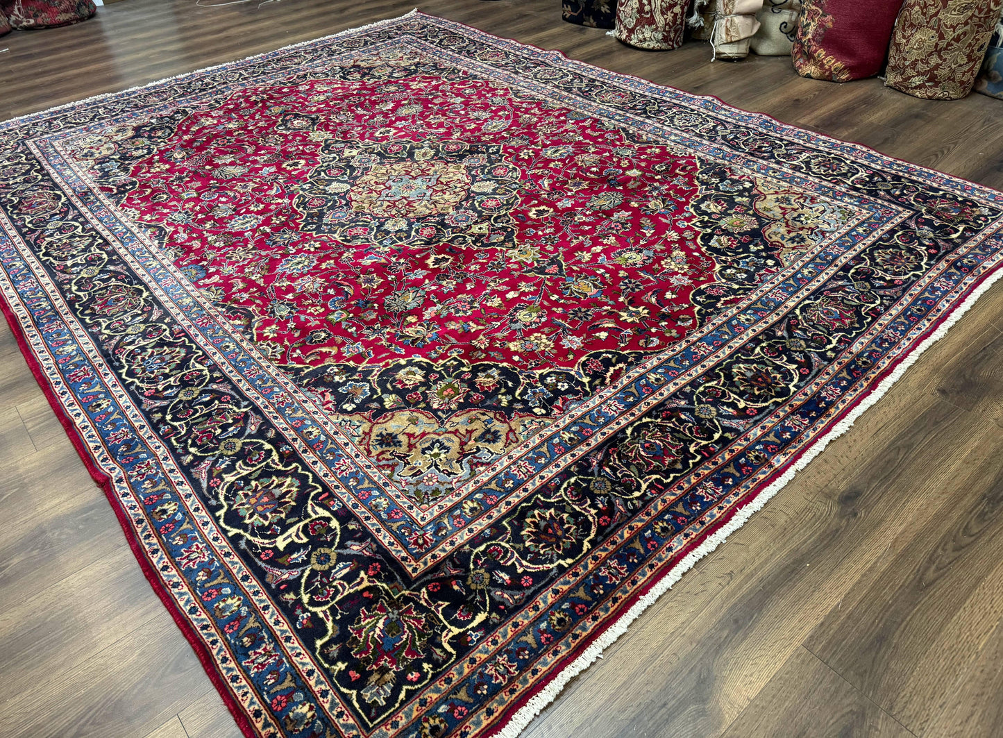 Traditional Persian Rug 8x11, Red Navy Blue, Floral Medallion, Antique Persian Mashad Carpet, Wool