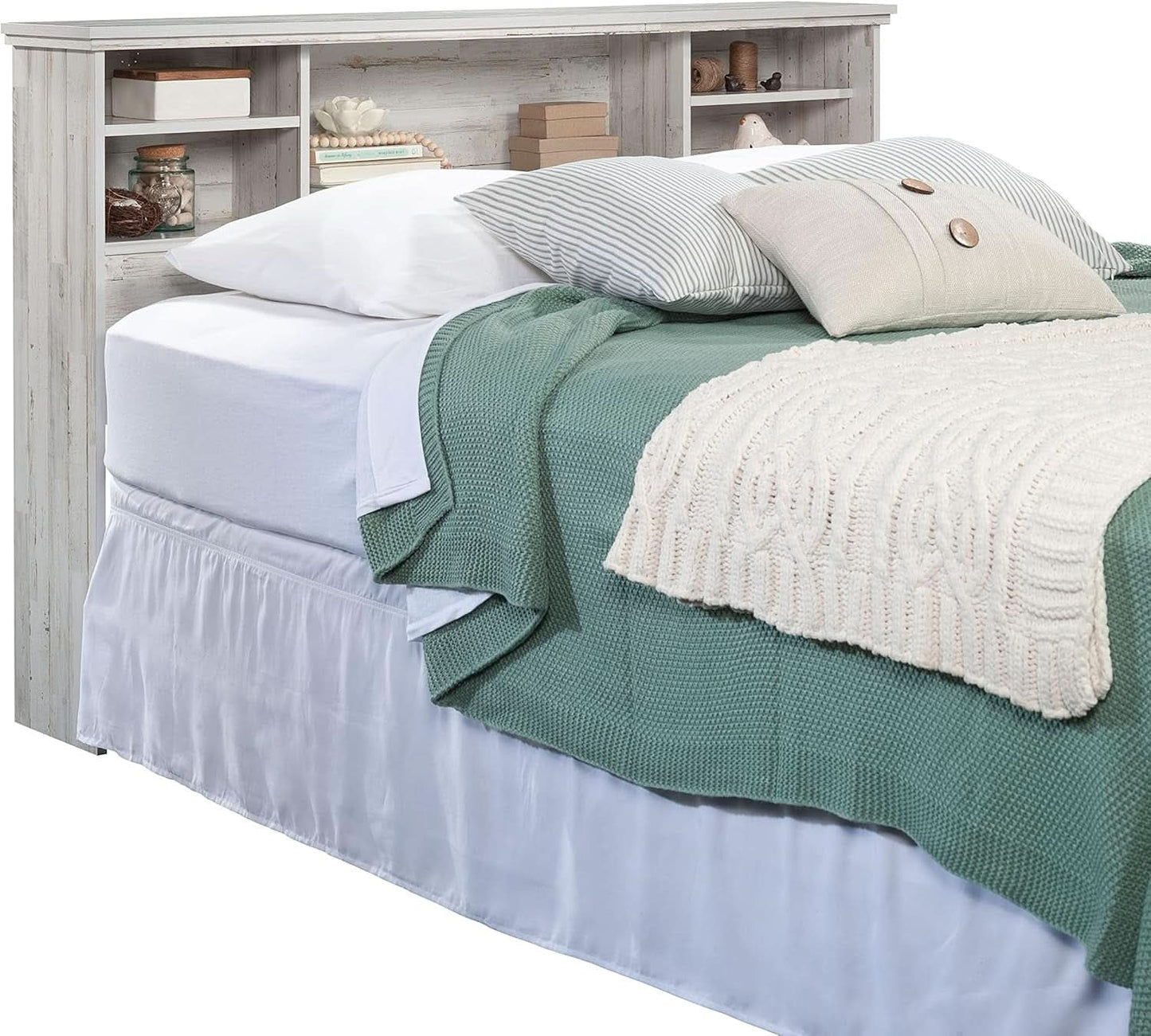 Versatile White Plank Headboard with Adjustable Storage Shelves