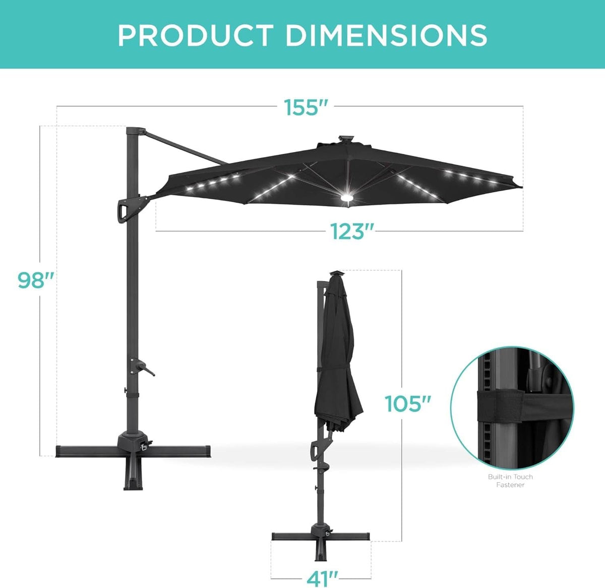 10 Ft Solar LED Cantilever Patio Umbrella With 360 Degree Rotation And Easy Tilt Offset Hanging Design Cross Base