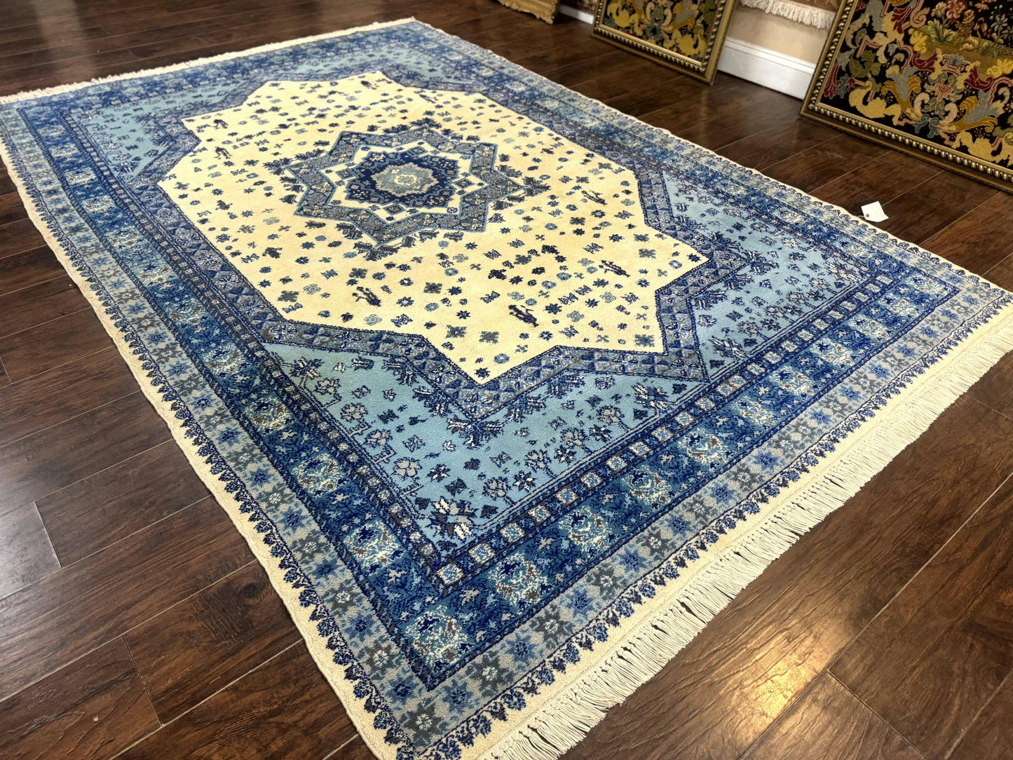 Moroccan Rug 7x10, Geometric Medallion, Blue and Ivory