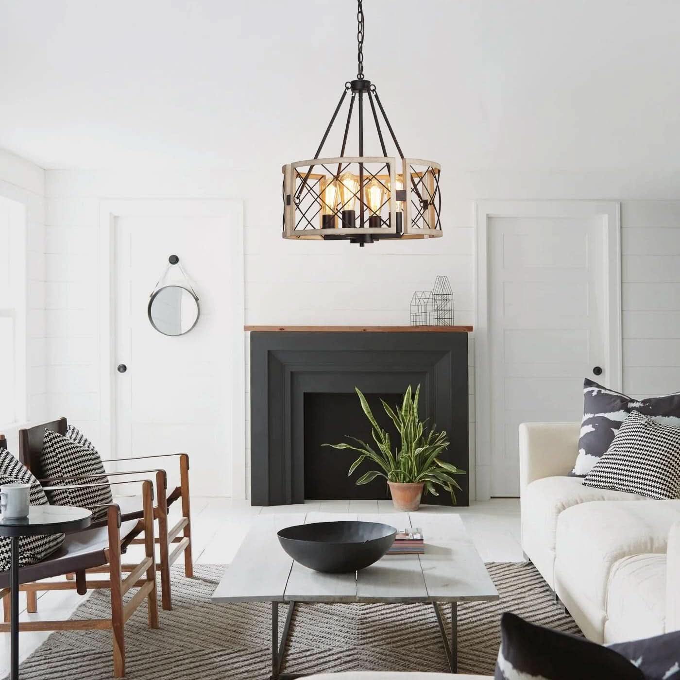 D19 Inch Rustic 4 Light Chandelier Black And White Oak