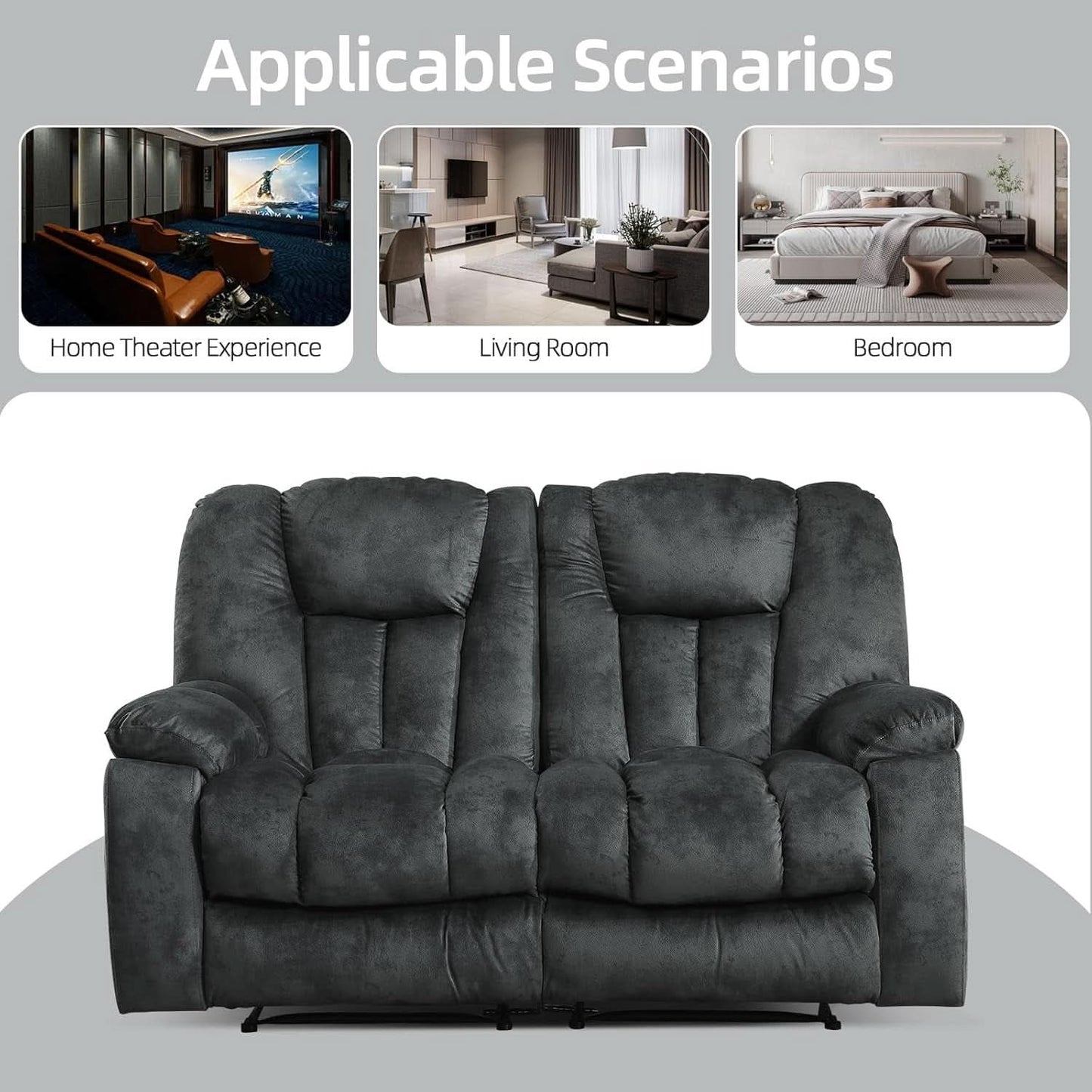 Grey Extra Wide Loveseat Recliner Sofa For Two Cup Holders