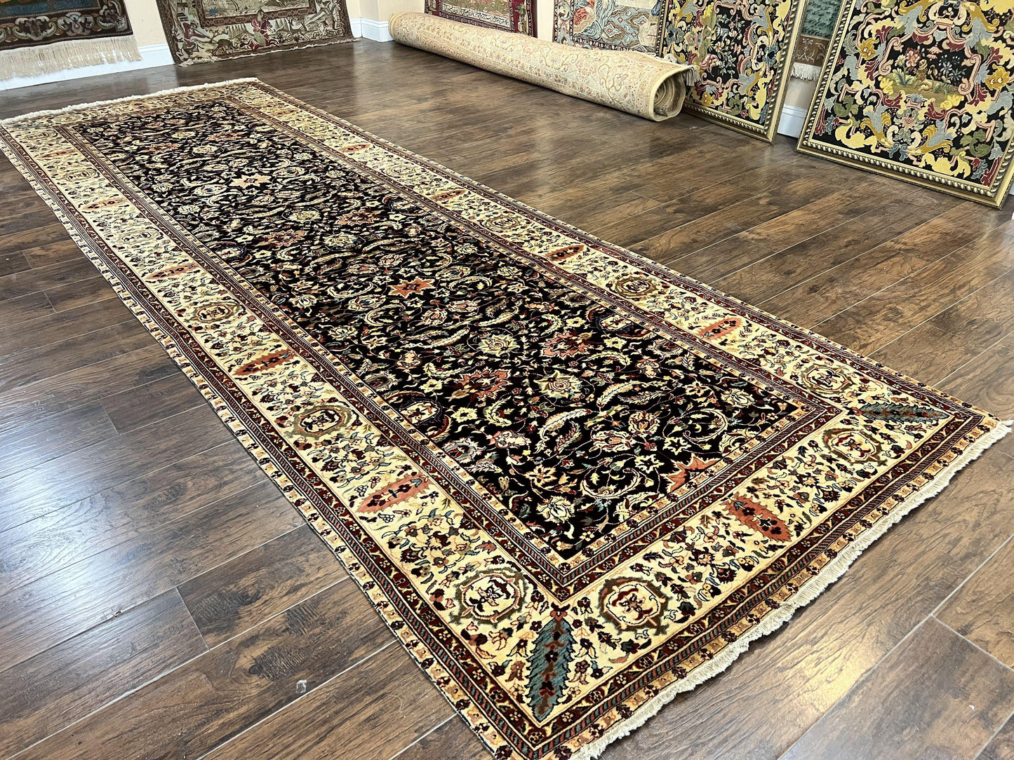 Indo Persian Rug 5x15, Wide Runner Rug 5 x 15 ft, Wool Hand Knotted Vintage Carpet, Black & Cream, Floral Allover Long Oriental Rug