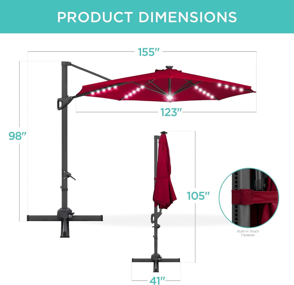 10ft Solar LED Cantilever Patio Umbrella With 360 Degree Rotation And Easy Tilt Cross Base