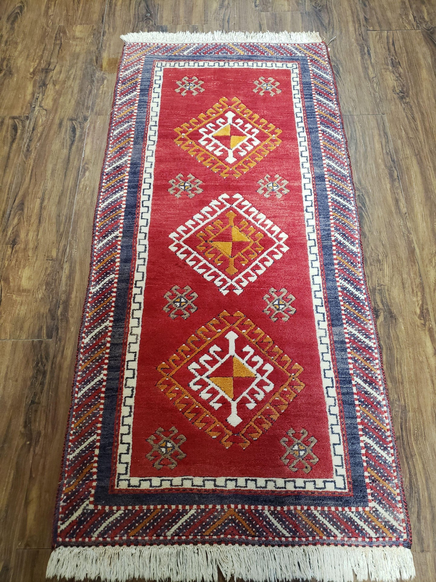 Vintage Turkish Kazak Rug 2.5 x 5 Red Wool Carpet Medallions Runner Geometric