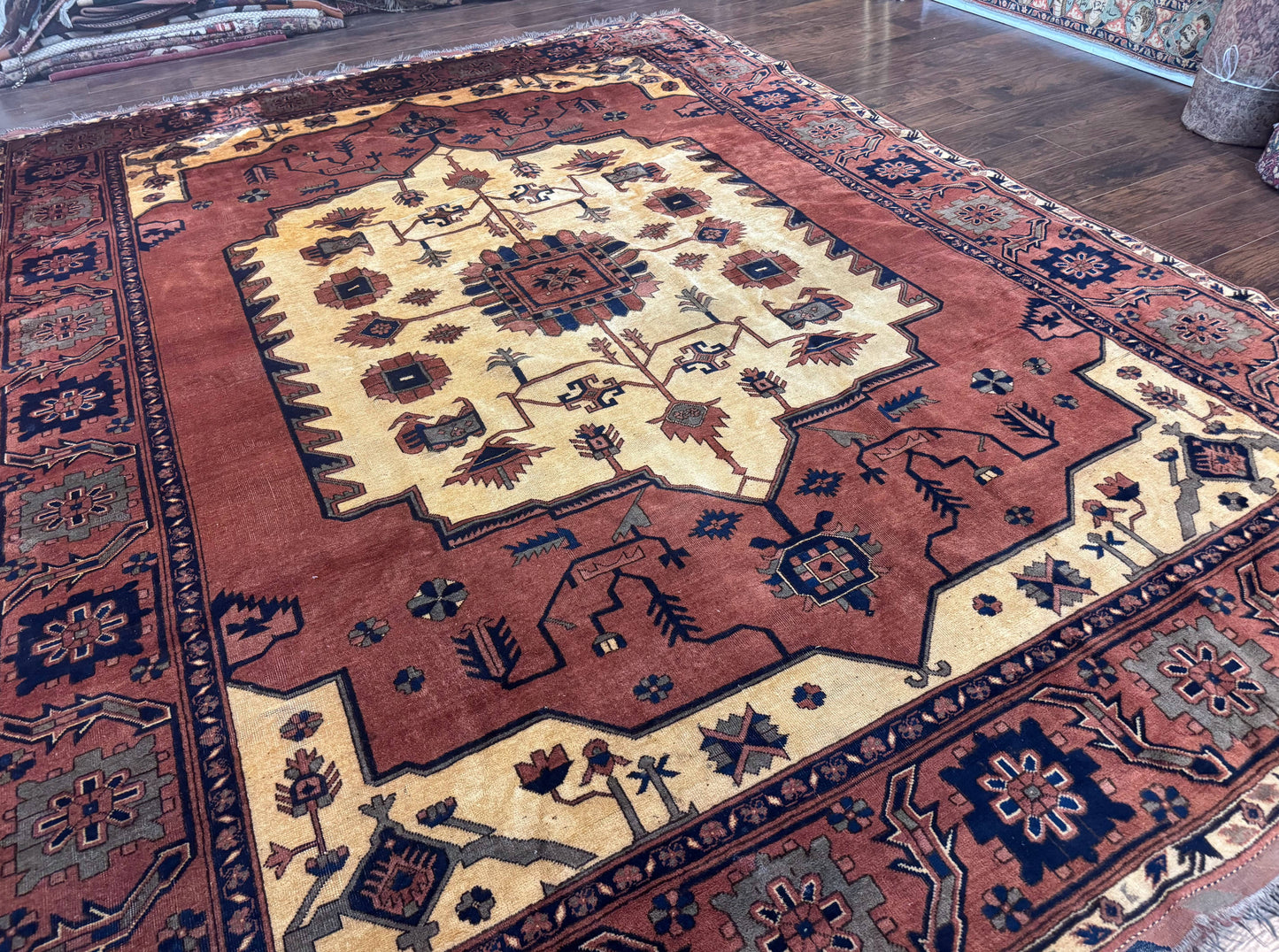 Afghan Heriz Rug 9x12, Tribal Geometric Serapi Carpet, Rust Cream and Navy, Wool on Wool