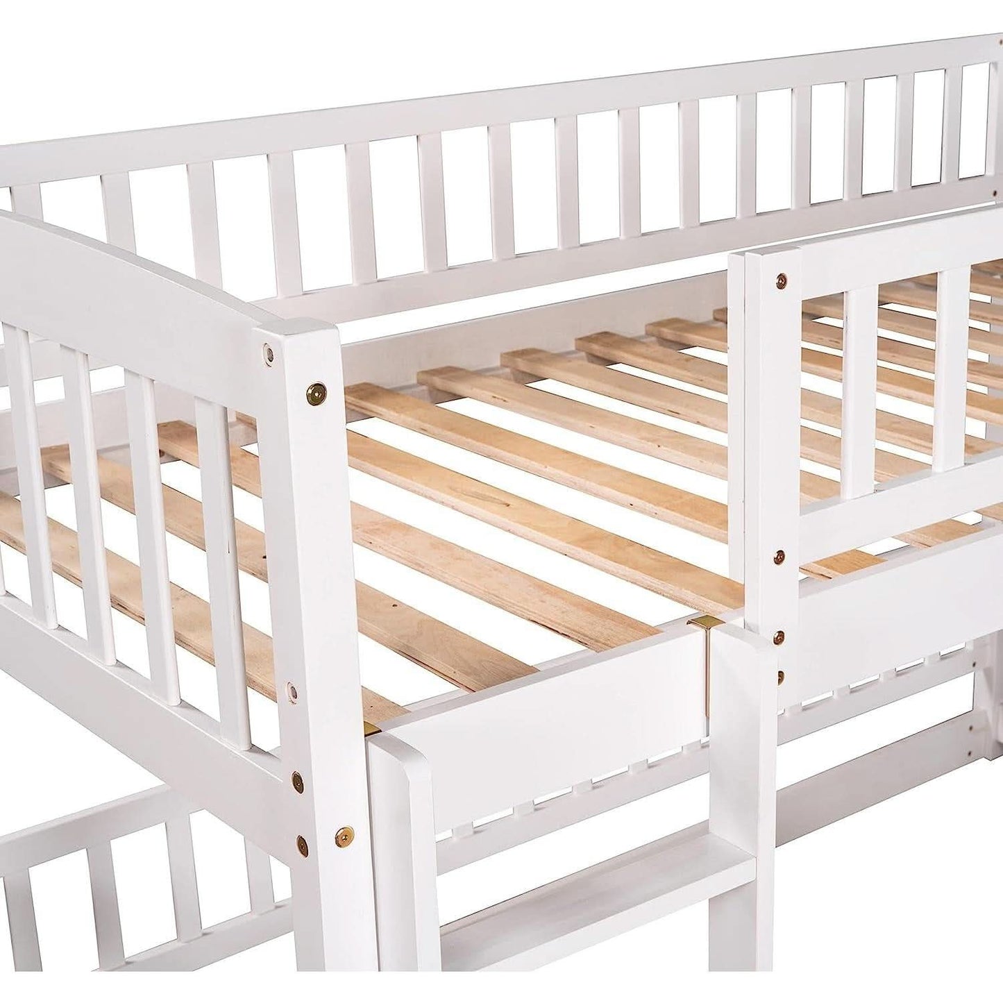 Twin Low Bunk Bed With Openable Fence And Slide White