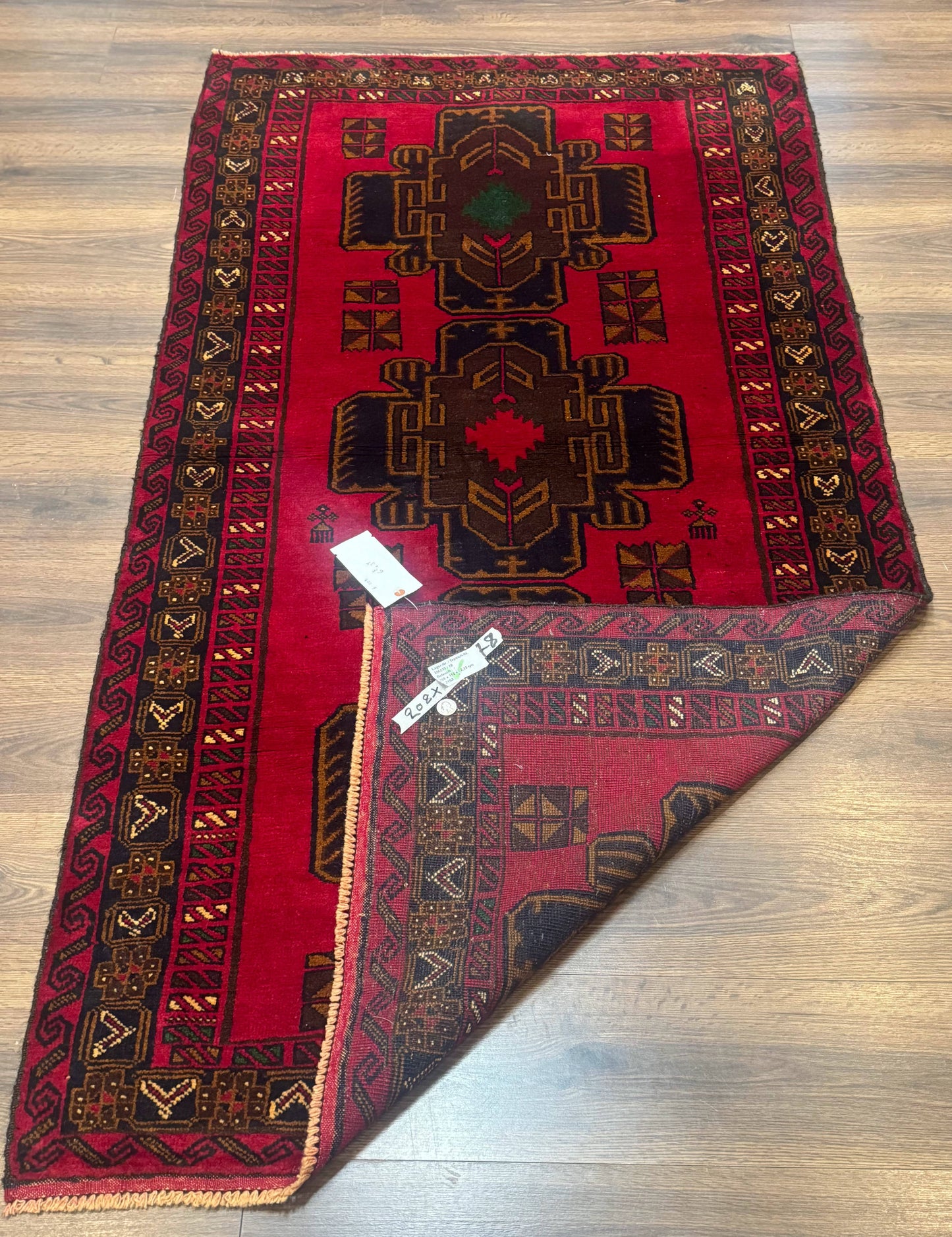 Red Afghan Balouch Rug 4x7, Triple Medallions, Handmade, New