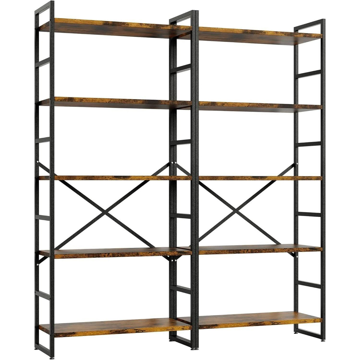 Pair Of 5 Shelf Bookcases Rustic Brown Industrial Tall