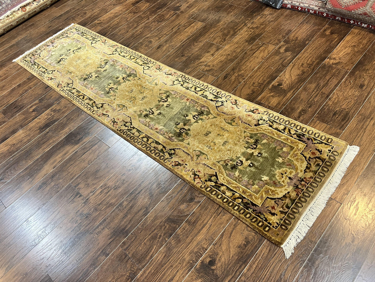 Tibetan Runner Rug 2.6 x 10, French Aubusson Pattern, Gold Olive Green, Vintage Handmade European Design, Wool Hallway Rug
