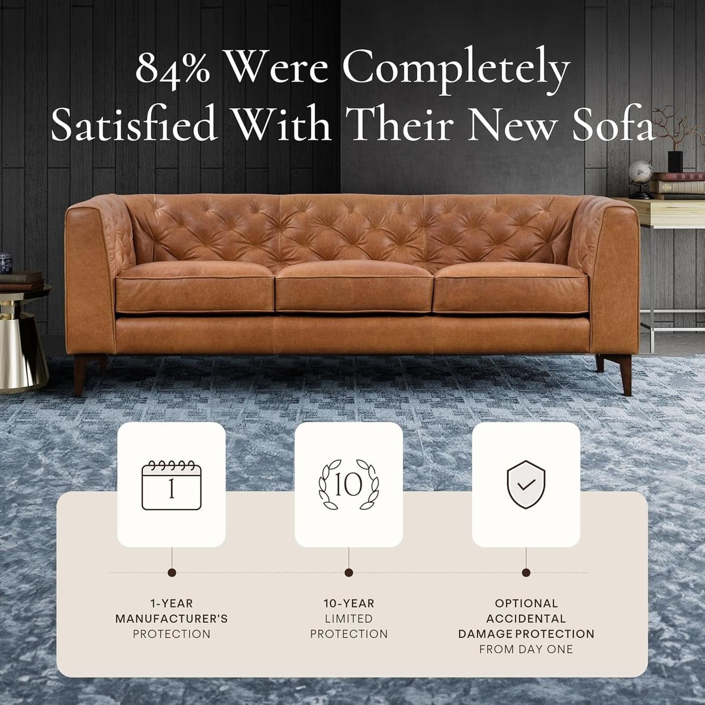 Cognac Tan Leather Sofa with Tufted Back Design
