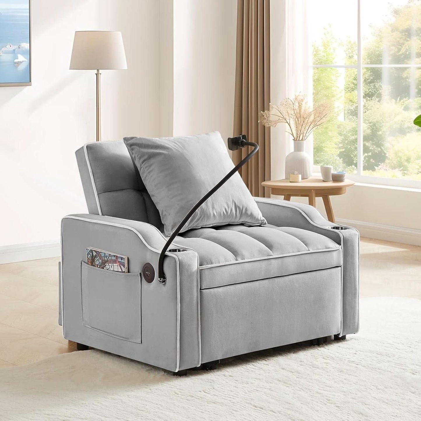 Convertible Sleeper Chair Bed with USB Ports and Holder