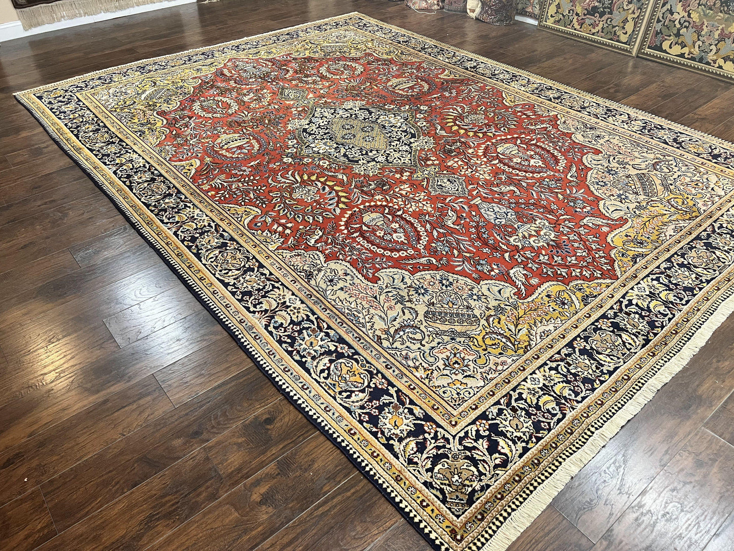 Wonderful Persian Qum Rug 10x14, Wool w/ Silk Highlights, Hand Knotted Semi Antique Vintage Carpet, Red, Floral, Fine Weave, Birds Deer Pictorials