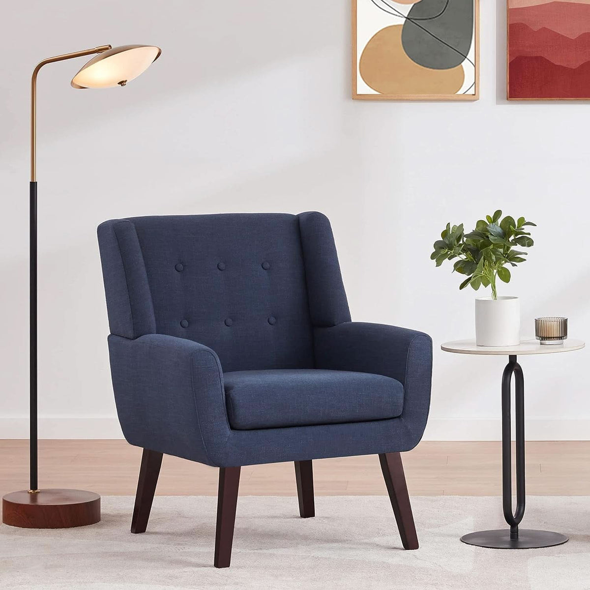 Dark Blue Linen Upholstered Tufted Midcentury Armchair
