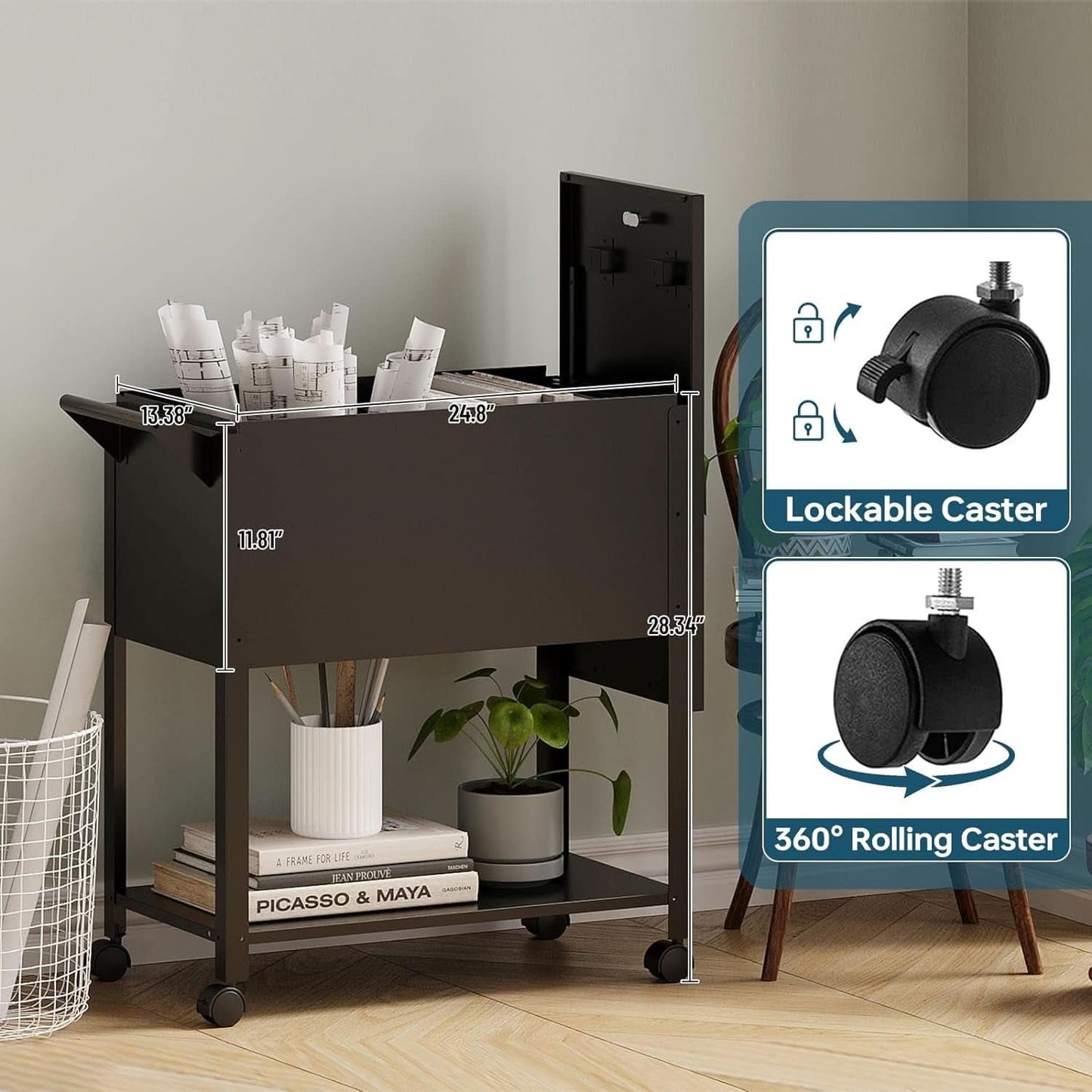 Locking Rolling File Cabinet With Hanging Folders On Wheels