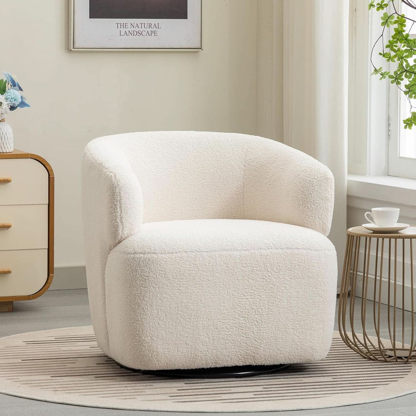Beige Sherpa Boucle Swivel Barrel Chair Deluxe Premium