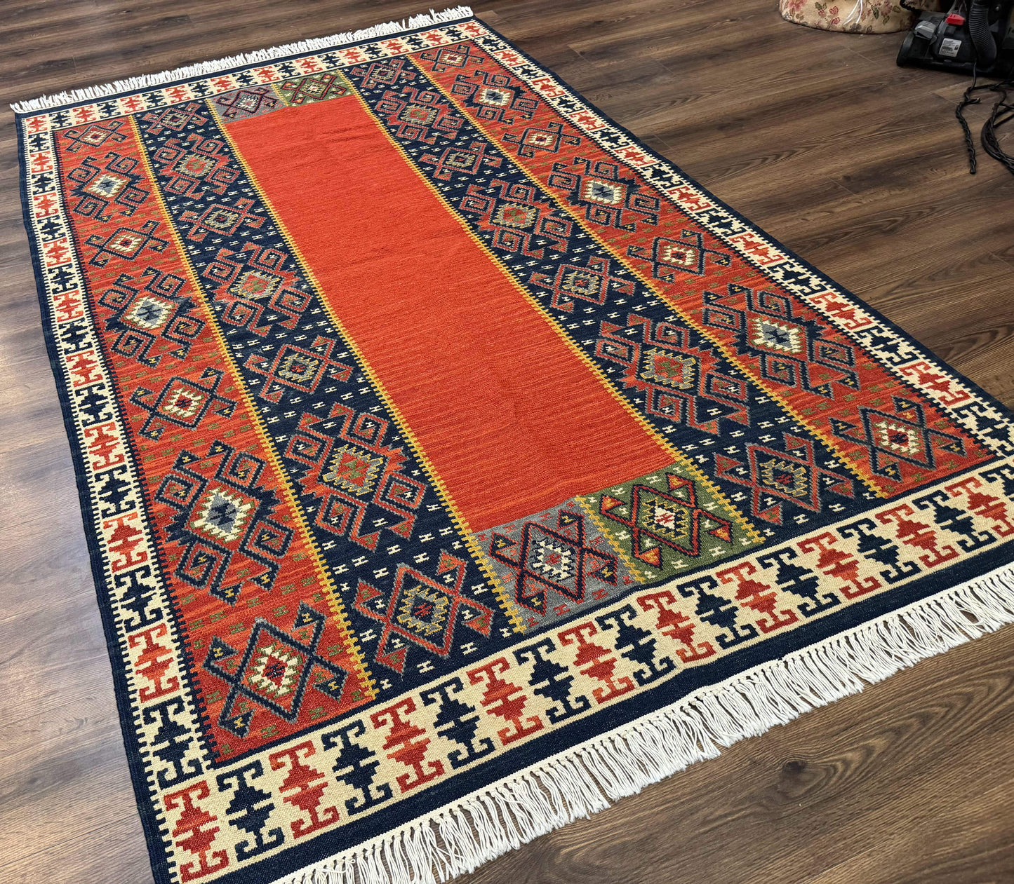 Turkish Kilim Rug 5x8, Flatweave Carpet, Handmade Bohemian Rug, Terracotta and Navy Blue