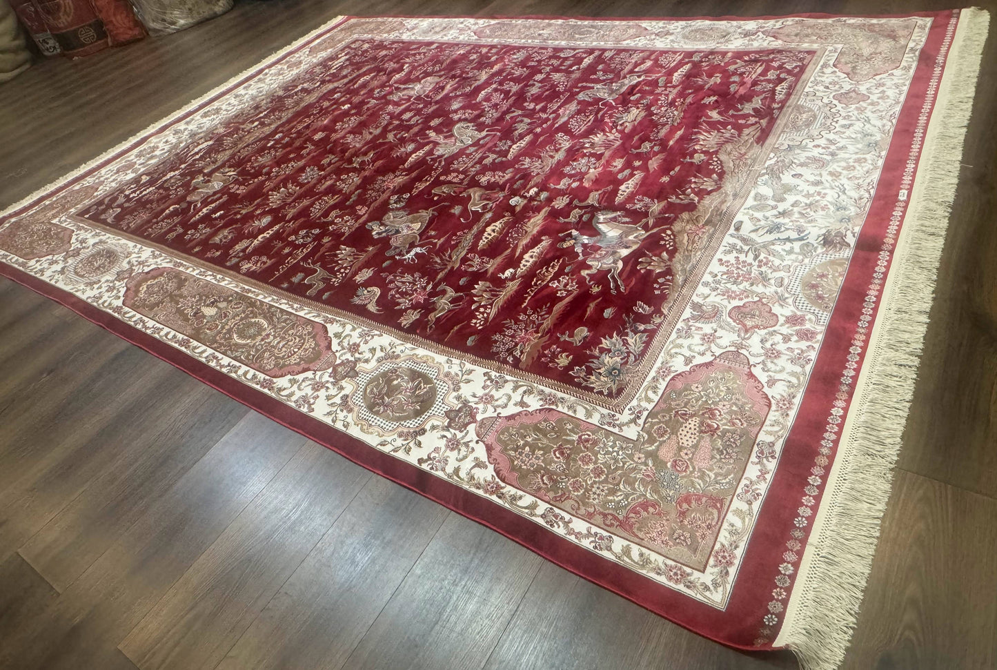 Turkish Silk Rug 8x10, Red & Ivory, Hunting Design, Bamboo Silk, New