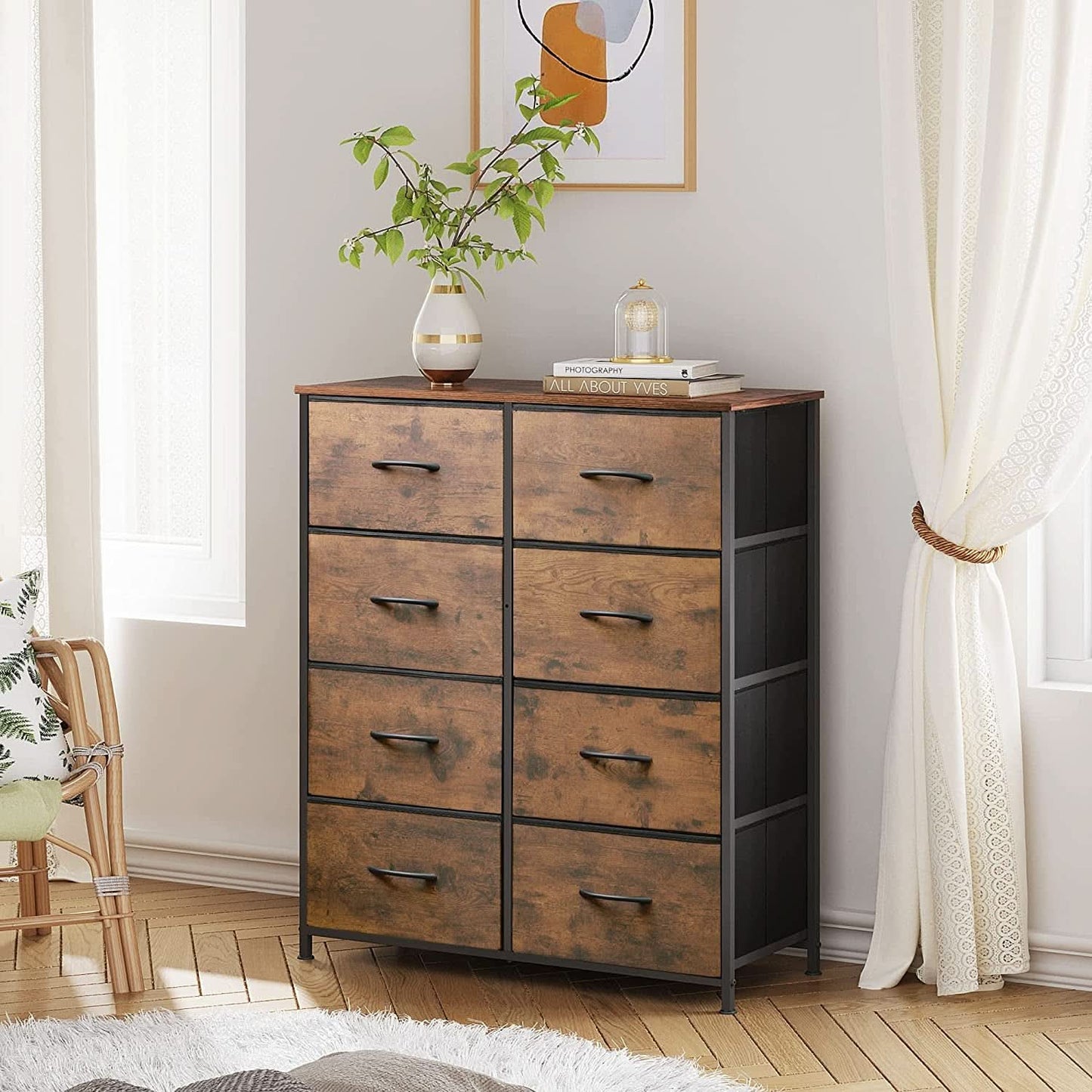8 Drawer Fabric Storage Tower Rustic Brown For Bedroom