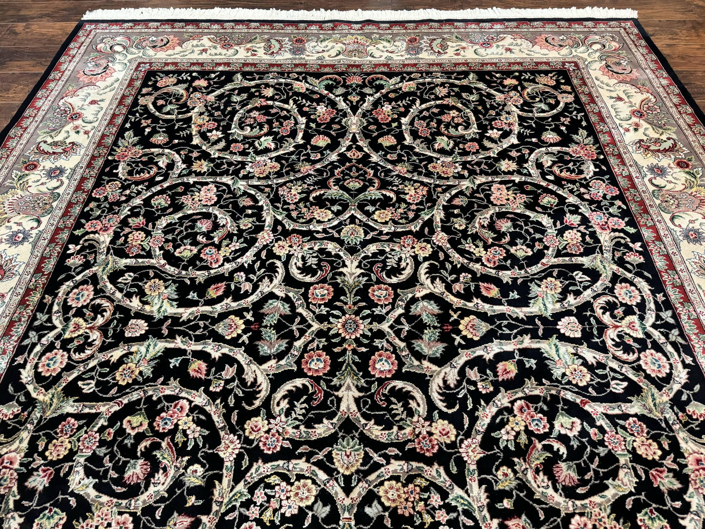 Black Pak Persian Rug 8x11, Floral Pattern, Hand Knotted Vintage Wool Rug with Silk Highlights, Fine 200 KPSI