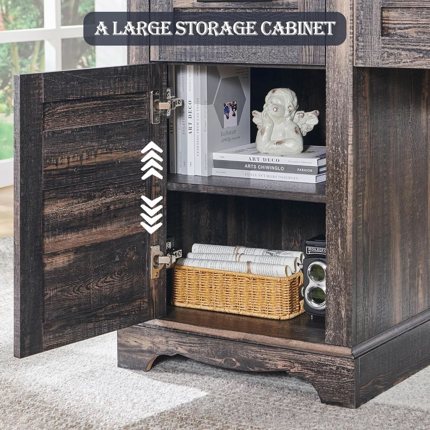 60In Farmhouse L Shaped Desk With Drawers Charging Oak